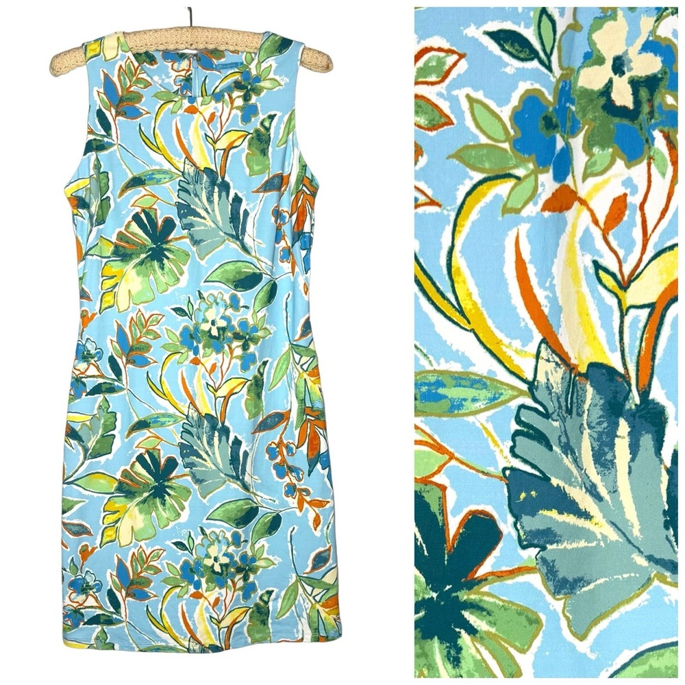 J. McLAUGHLIN Size S Sophia Catalina Cloth Sleeveless Floral Blue Sheath Dress